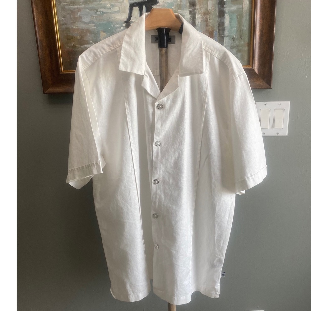 Stacy Adams Mens XL White Short Sleeve Camp Collar Pleated Guayabera Style Shirt